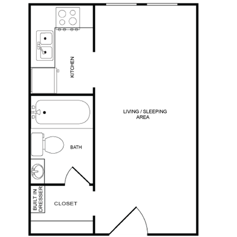 A floor plan of a small apartment with a kitchen, living/sleeping area, and bathroom.